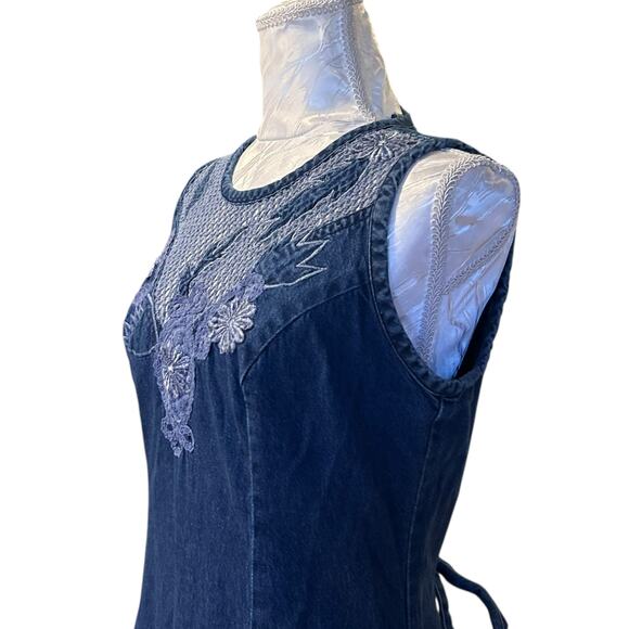 Vintage 90s Denim Maxi Dress Lace Neckline A-Line Tie Back Styleworks Sz 10 - Picture 12 of 16